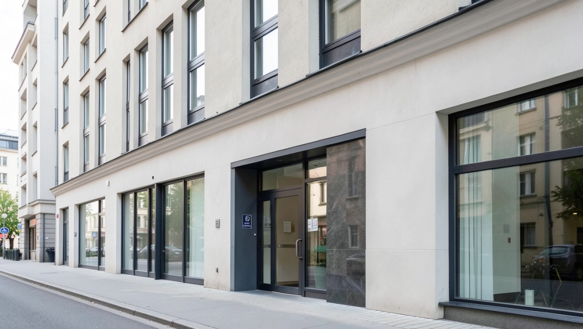 Elewacja frontowa a wejście do budynku